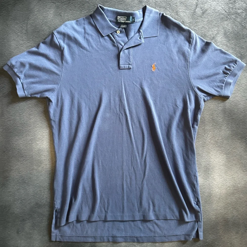 Polo Ralph Lauren Men's Polo Shirt in Dusty Blue with Orange Logo-L